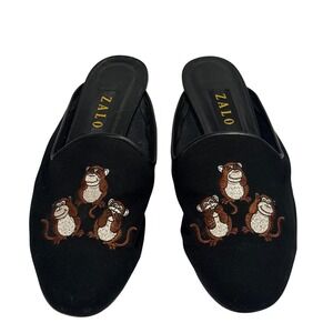 Zalo Mule Loafers Slides Womens 10.5 M Black Canvas Three Wise Monkeys Spain